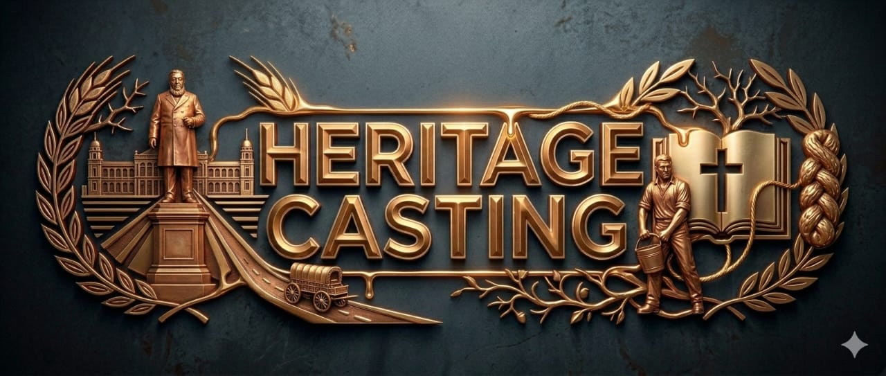 Heritage Casting — bronze relief crest with Voortrekker statue, ox wagon and open Bible